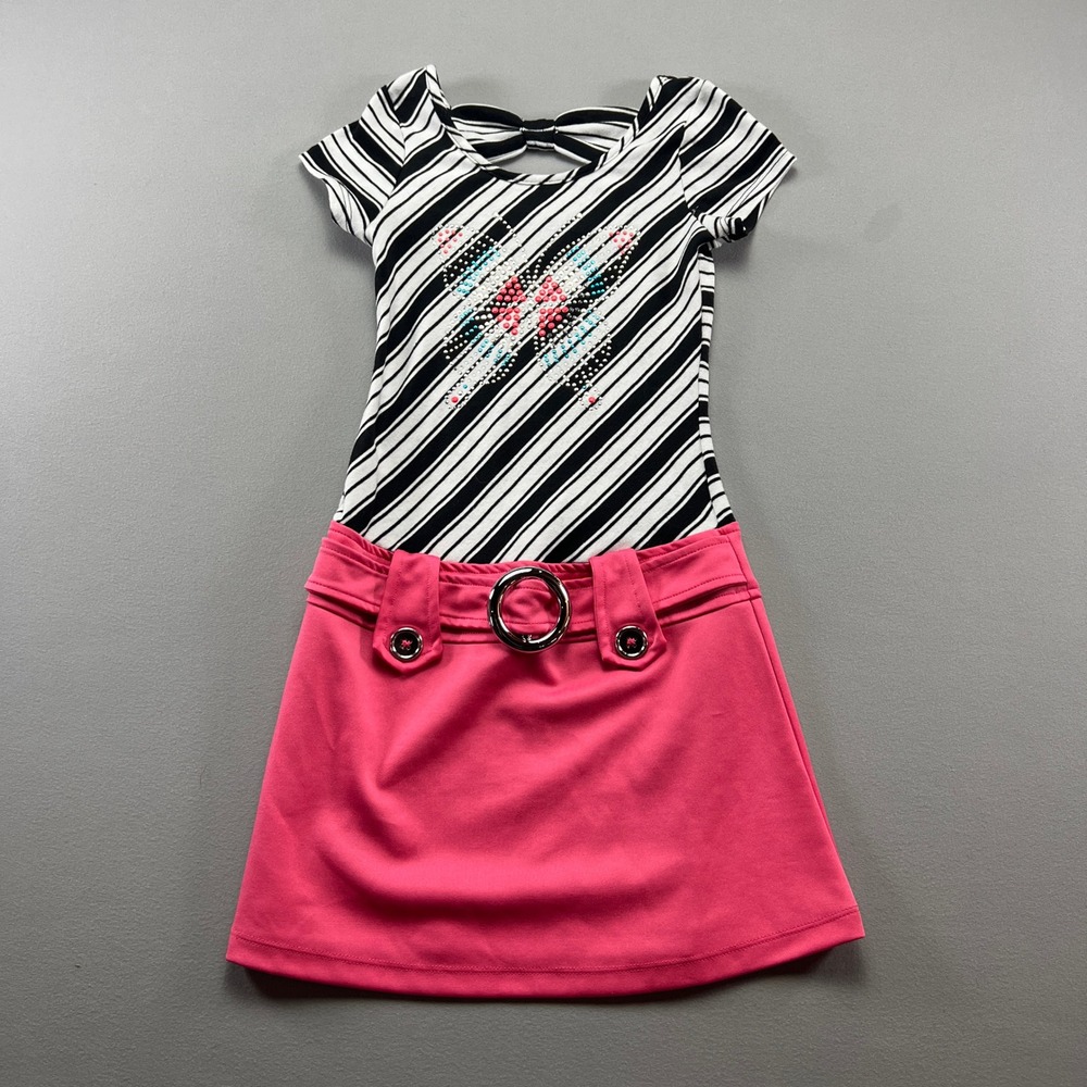Lilt Dress Girls 7 Black White Striped Rhinestone Embellished Butterfly Bow Back